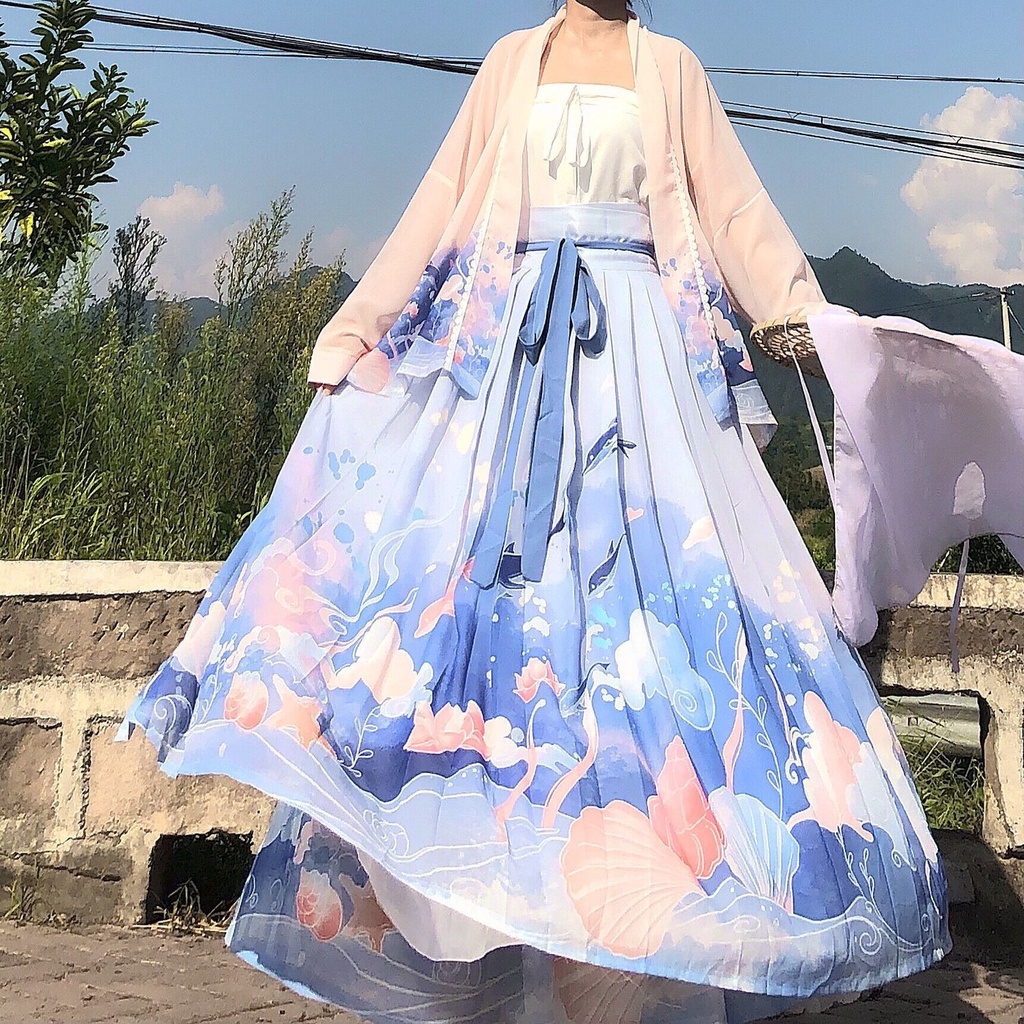 Váy Xếp Ly Mỏng Ngắn Tay Phong Cách Hanfu Cá Tính Qian Wanju 07.15