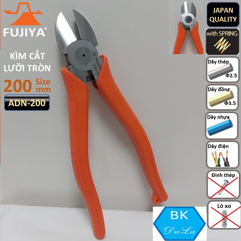 Kìm cắt lưỡi tròn 200mm Fujiya ADN-200 tiêu chuẩn Nhật. Dùng cắt dây đồng, dây điện, dây thép và dây nhựa