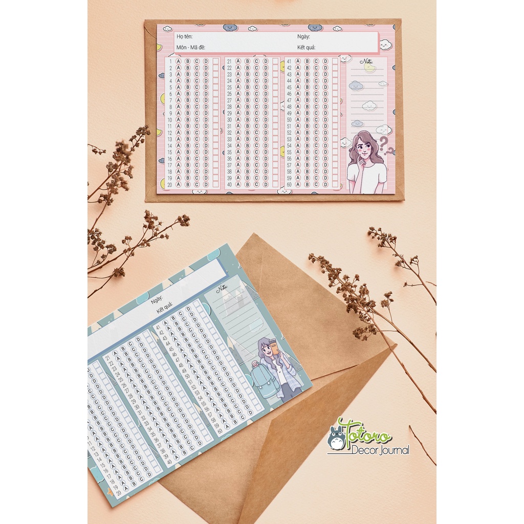 Sét 20 tờ giấy khoanh trắc nghiệm cực xinh khổ a6 và a5 shop totoro thiết kế