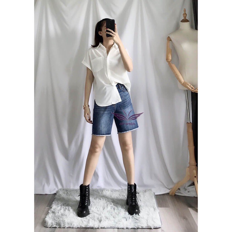 Quần jean nữ lửng đùi cạp cao/tua lai/nhạt, đậm