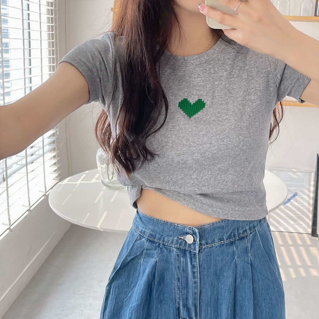 Áo Thun Ngắn Tay Thêu Họa Tiết Trái Tim Nhỏ Xinh Thời Trang Mùa Hè Cho Nữ