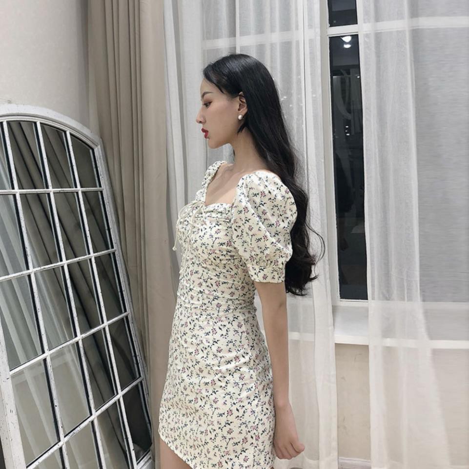 Váy nữ , váy hoa nhí ngắn tay vintage dáng váy ngắn tay bồng nhún ngực cột dây ATILA.SHOP  ྇