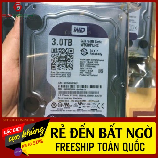 HDD 𝓕𝓡𝓔𝓔𝓢𝓗𝓘𝓟 Ổ CỨNG HDD PC WesternDigital 3TB Purple (Chuyên Camera) - BH 24 THÁNG SPTECH COMPUTER