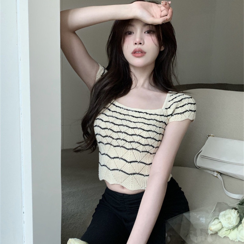 Áo Dệt Kim Ngắn Tay Cổ Vuông Họa Tiết Kẻ Sọc Thời Trang Cho Nữ