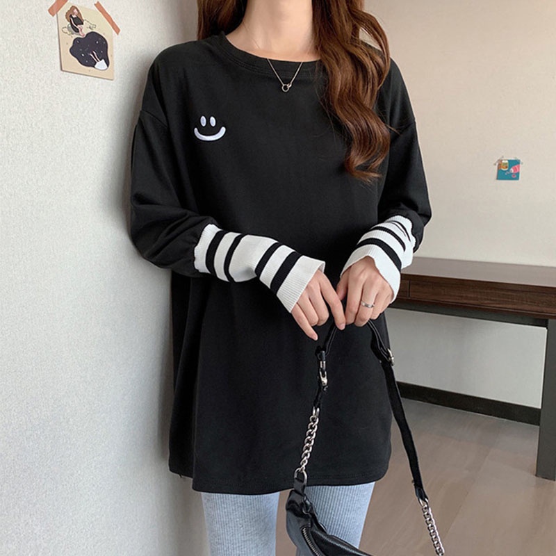 IELGYÁo Thun cotton Dáng Rộng Màu Trắng Thêu Hình Mặt Cười Đa Năng