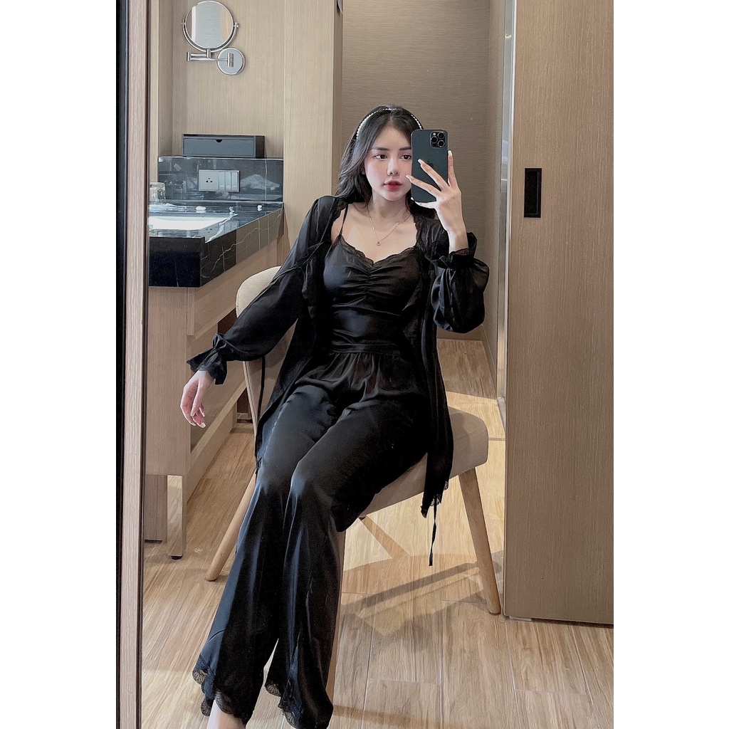 Set 3 mặc nhà 2 dây Sexy tay bo tiểu thư lụa latin Siêu Mát