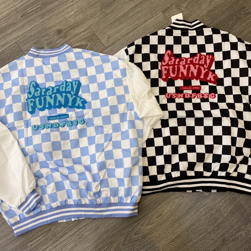 Áo khoác Bóng Chày Checkerboard Bomber Jacket Họa Tiết Lông Cừu Chất dù 2 lớp