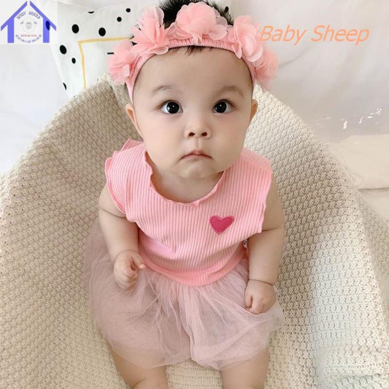 Váy đầm công chúa cho bé sơ sinh đầy tháng thôi nôi thêu họa tiết trái tim kèm băng đô hoa Baby Sheep