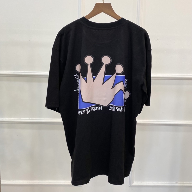 Áo Thun Stussy Bape Tay Lở  Màu Đen Hoạ Tiết Vương Miệng Logo Ngực Vintage