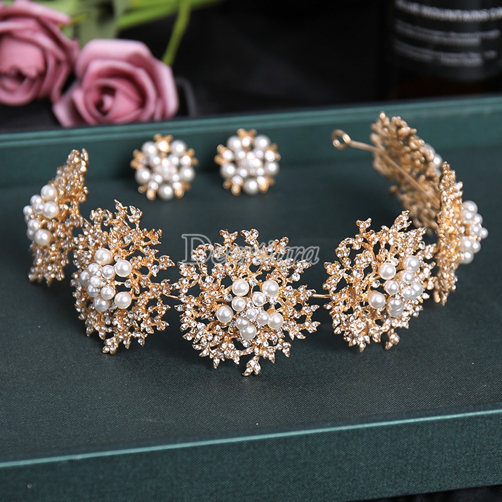 Băng Đô Cài Tóc Hình Hoa Vàng Đính Ngọc Trai Thời Trang Cho Cô Dâu