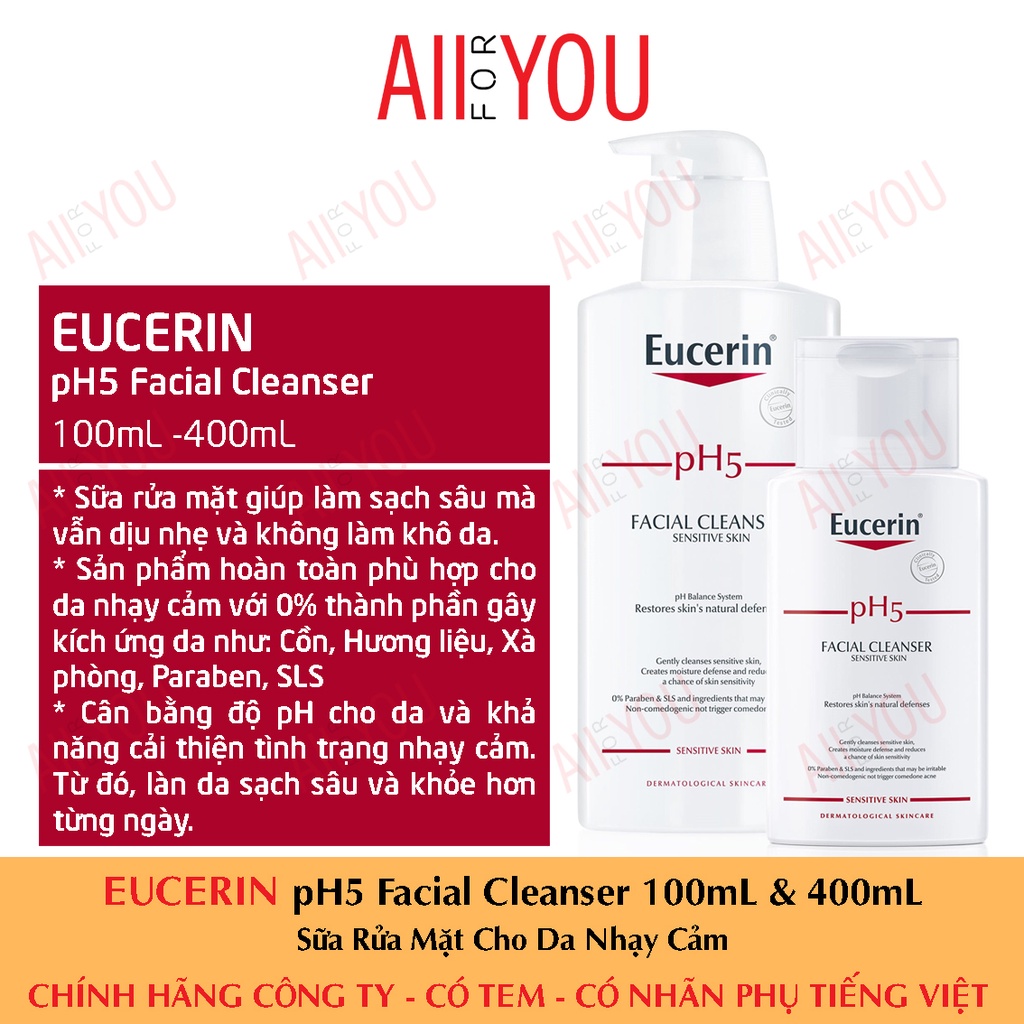 Eucerin pH5 Facial Cleanser Sensitive Skin 100mL & 400mL - Sữa Rửa Mặt Cho Da Nhạy Cảm.