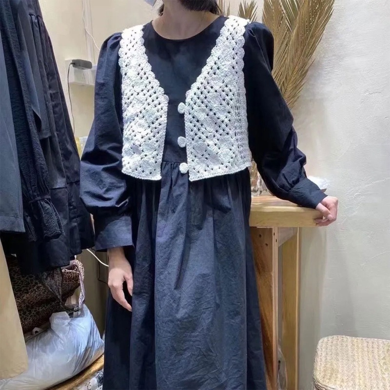 Áo Vest Đan Len Peplum Dệt Kim Tay Dài Phồng Cổ Chữ V Phối Bèo Thời Trang Cho Nữ