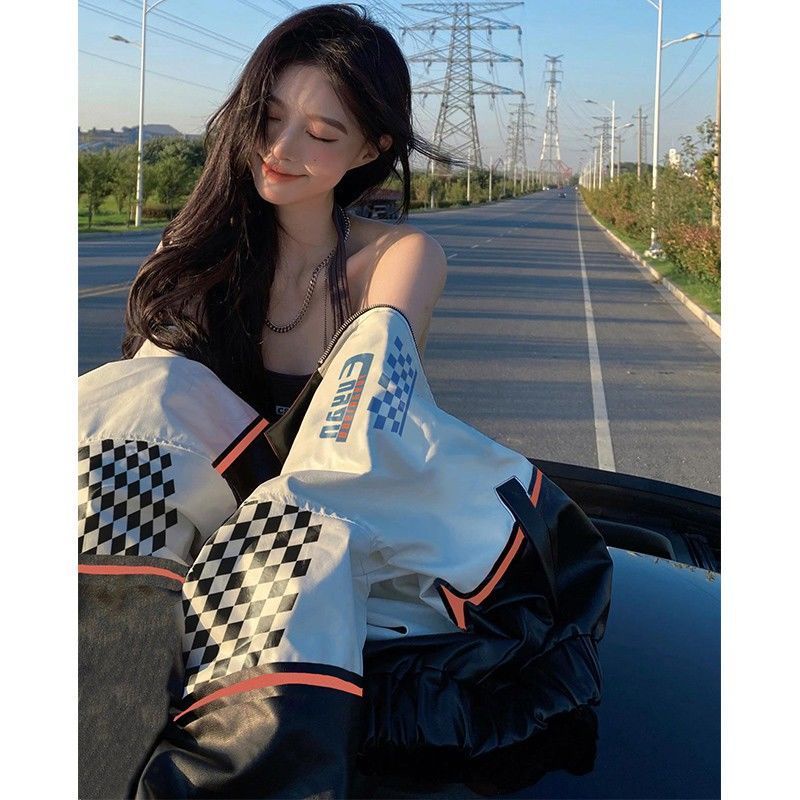 Áo khoác đi xe máy kẻ caro màu tương phản bằng da mùa xuân 2022 cho phụ nữ R5zZ
