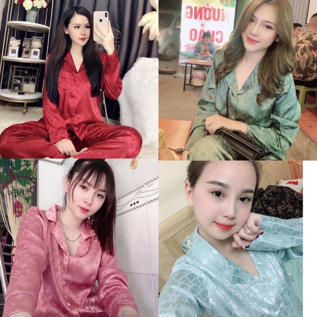 Bộ Pijama Lụa Gấm Cao Cấp Áo Tay Dài - Quần Dài - Hàng nhập khẩu