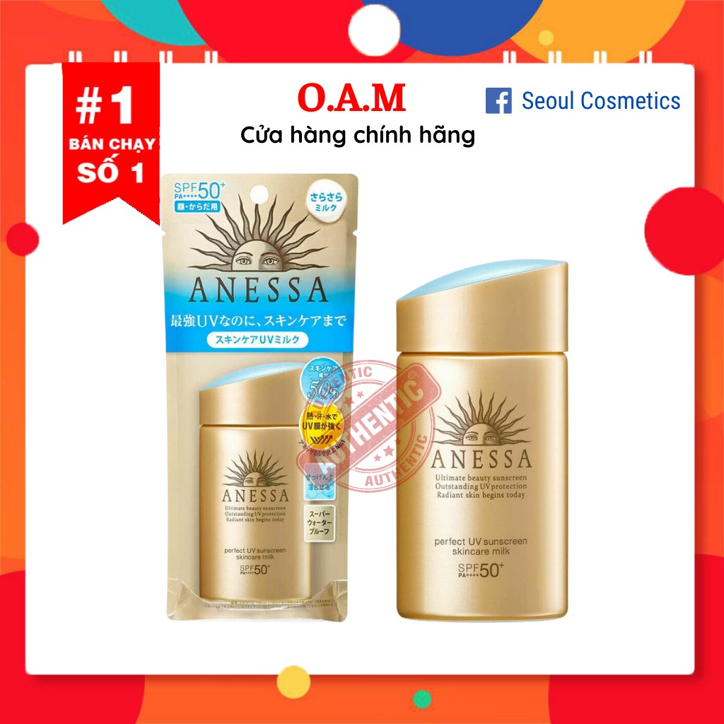 Kem chống nắng Anessa Perfect UV Sunscreen Skincare Milk SPF 50+ PA++ dành cho Da Dầu & Da Dầu Mụn màu vàng  60ml & 20ml