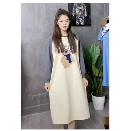 Đầm bầu suông thu đông dáng dài, Váy gấu dài tay cực xinh chất liệu cotton váy bầu in họa tiết hình gấu