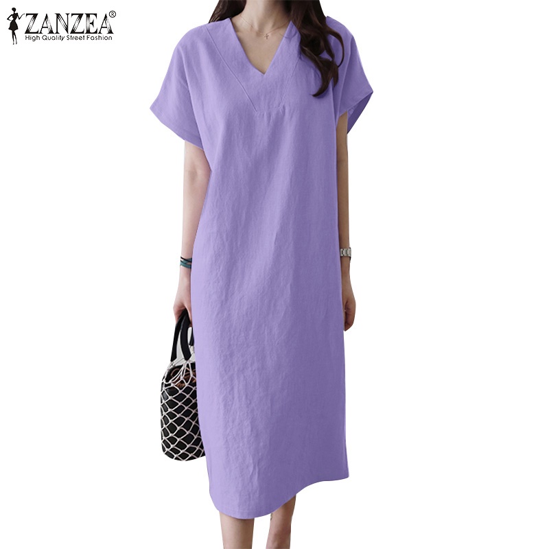 Đầm midi ZANZEA tay ngắn cổ chữ V màu trơn phong cách cổ điển thanh lịch dành cho nữ