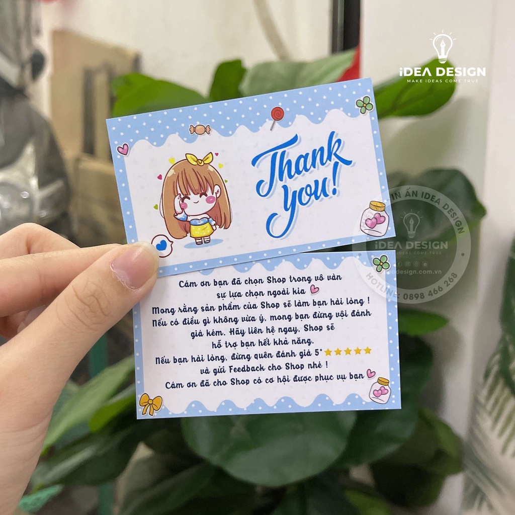 Card Cám Ơn, Card Thank You, Thiệp Cảm Ơn - Size 9x5,4cm - Giấy C300 Cán Màng Mờ 2 Mặt Hình Cô Gái Dễ Thương 4 Màu