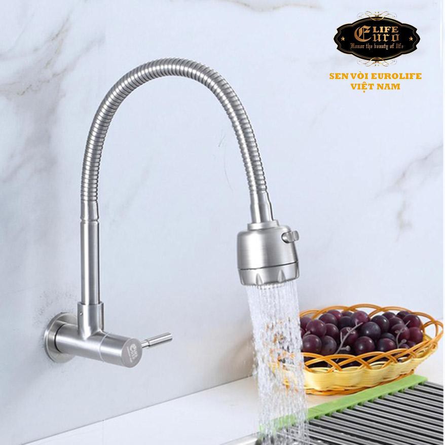 Vòi rửa chén lạnh âm tường, cần lò xo Inox SUS 304 Eurolife EL-RC10