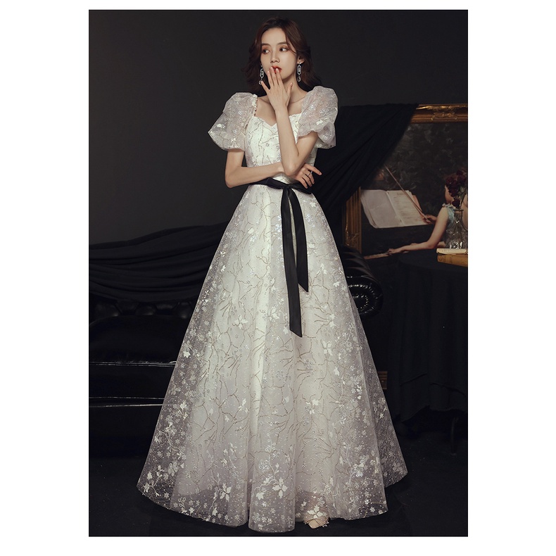 Đầm Dài Dự Tiệc Tối Màu Trắng Phong Cách Pháp 2022 Mới