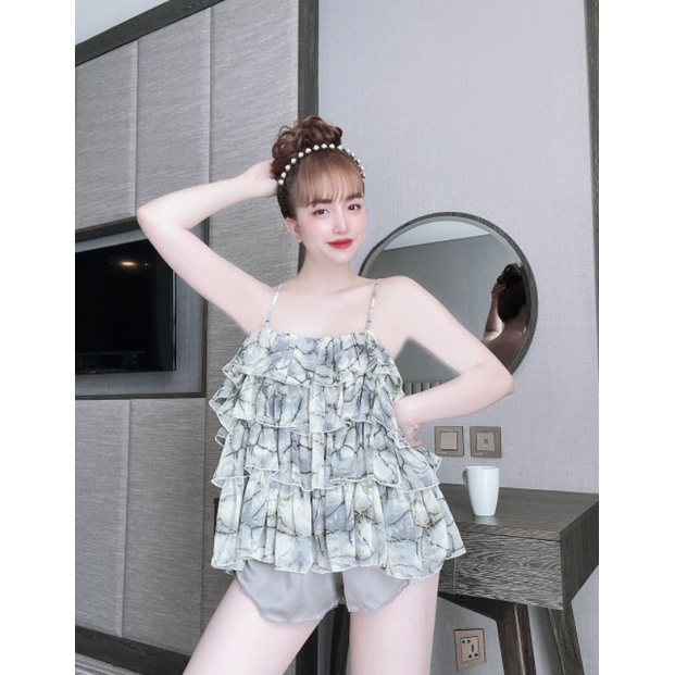 🍀🍀🍀Siêu Xinh☘️☘️☘️ Bộ bốn tầng voan quần lụa satin cao cấp ❤️❤️❤️ Đồ ngủ lụa free size 60kg