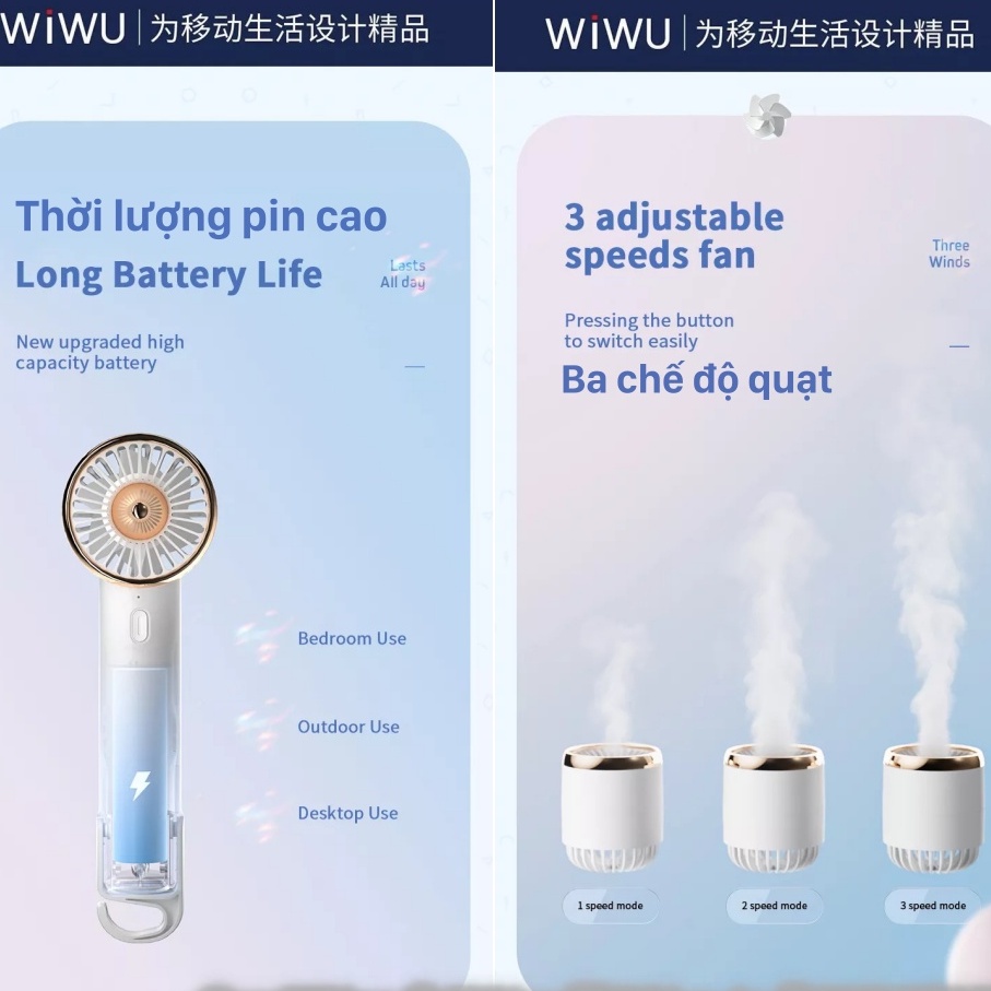 QUẠT CẦM TAY 3 CẤP ĐỘ WIWU TURBO F303 2.000mAh CHÍNH HÃNG