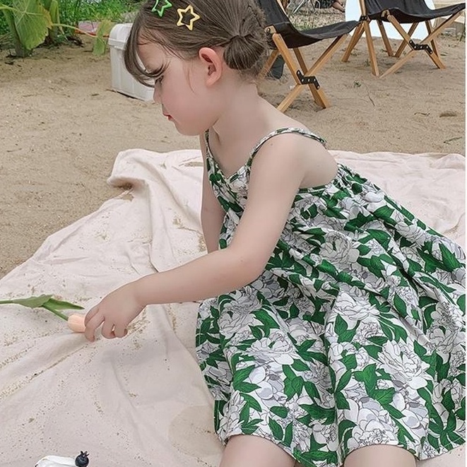 Đầm sát nách  in họa tiết hoa hồng dễ thương thiết kế hở lưng thời trang cho trẻ em 1-6 tuổi