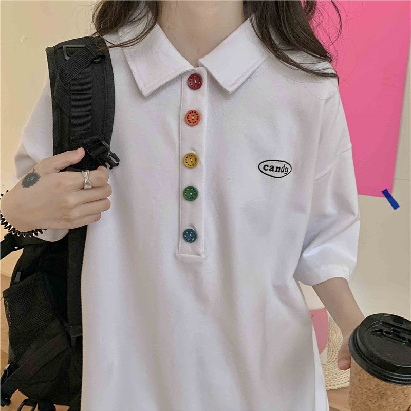 Áo polo tay ngắn dáng rộng phong cách Hàn Quốc có size lớn 2XL thoải mái đáng yêu cho nữ | BigBuy360 - bigbuy360.vn
