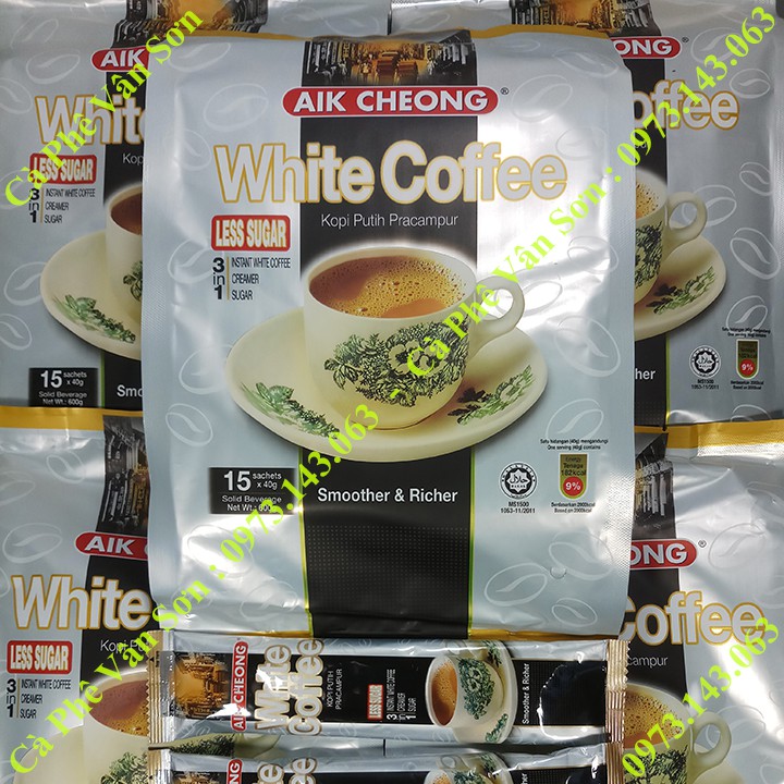 05 bịch Cà phê ít đường Aik Cheong White Coffee (less sugar) 600g (15 gói dài * 40g)