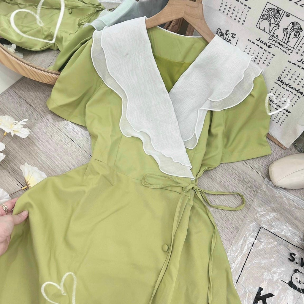 Váy nữ thiết kế dự tiệc, Đầm Midi phối bèo cổ trẻ trung , dễ thương
