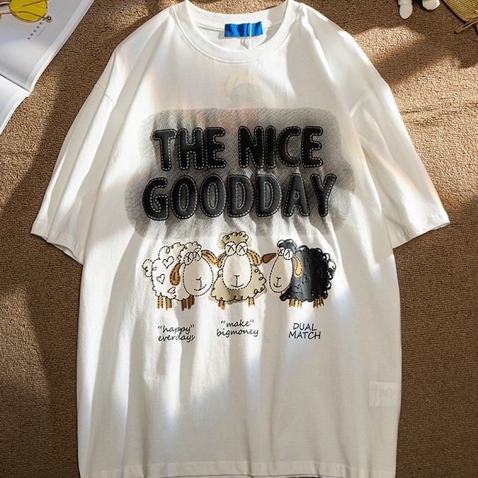 Áo Thun Cổ Tròn Unisex The Nice Goodday In Hình Cừu Phong Cách Ullzang,Áo Phông Tay Lỡ Chất Cotton Thoáng Mát