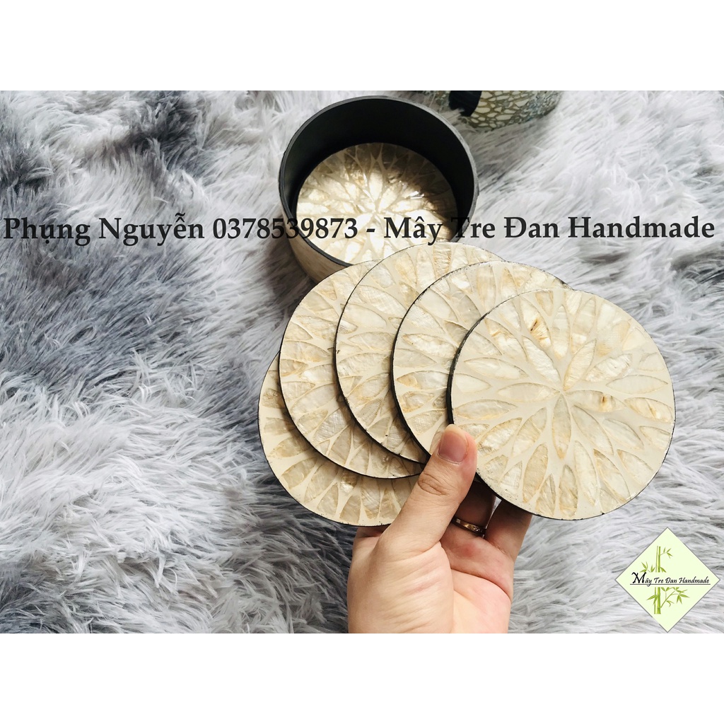Bộ Lót Ly Gồm 6 Đĩa D10 Và 1 Khay Đựng - Lót Ly Khảm Trai Nhiều Họa Tiết