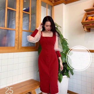Đầm Đỏ Dáng Dài Tay Phồng
