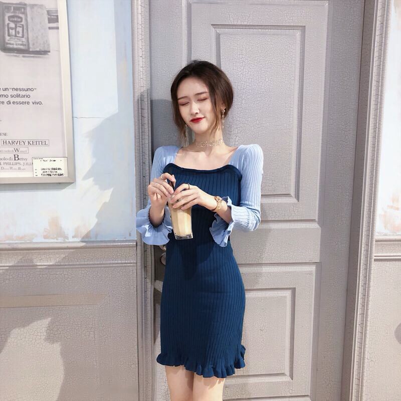 Women Ruffled Slim Skirt Color Matching Waist Long-sleeved Knitted Dress | BigBuy360 - bigbuy360.vn