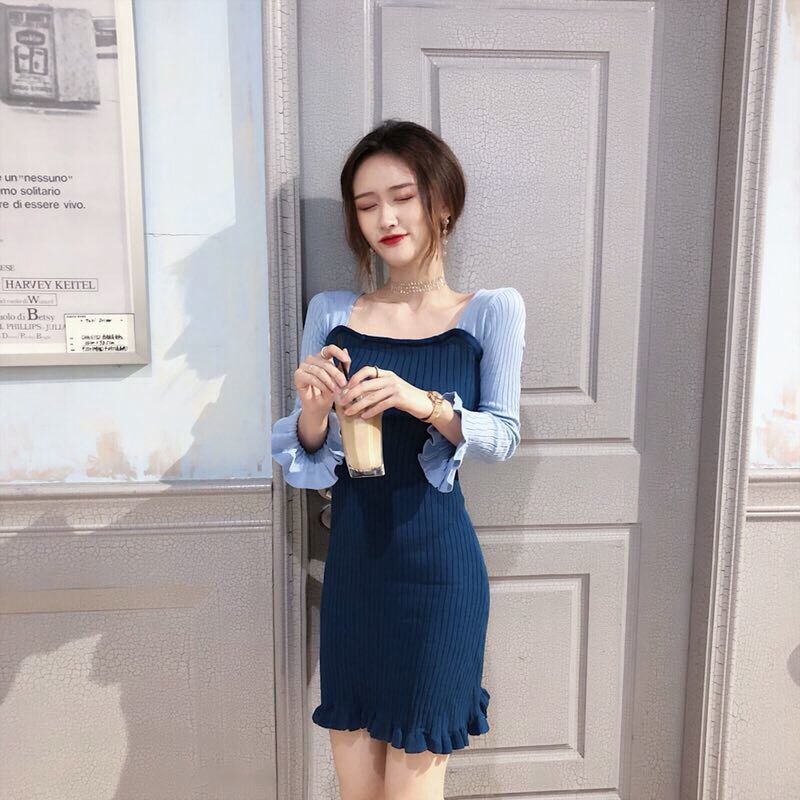 Women Ruffled Slim Skirt Color Matching Waist Long-sleeved Knitted Dress