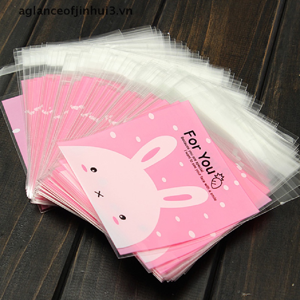 Set 100 Túi Nhựa Bóng Kính Họa Tiết Thỏ Đựng Bánh Kẹo Set 100 Túi Nhựa Đựng Bánh Quy Tự Dính Họa Tiết Thỏ Dễ Thương