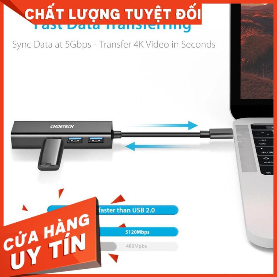 Hub Adapter chuyển đổi 4 in 1 Type-C ra 3 cổng USB 3.0 & cổng LAN RJ45 hiệu CHOETECH U02BK dùng cho Macbook / Laptop