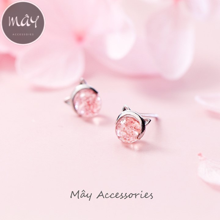 Khuyên nụ Mèo lồng viên đá tròn hồng hoa anh đào Bạc 925 Cao Cấp Mây Jewelry