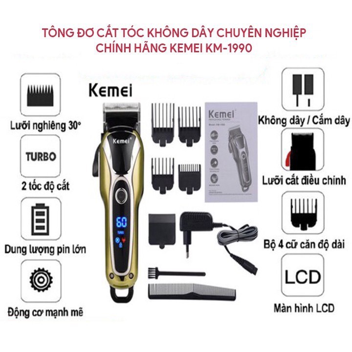 Tông đơ cắt tóc chuyên nghiệp không dây chuyên dụng cao cấp Kemei 1990 chính hãng bảo hành 12 tháng