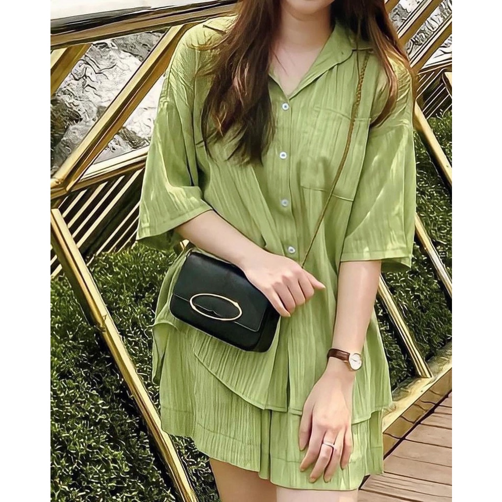 Sét Bộ Đũi Gân sước Buộc Nơ Lưng- đồ bộ áo sơ mi cộc tay lỡ phối cúc quần short lưng cao màu xanh cốm phong cách ulzzang