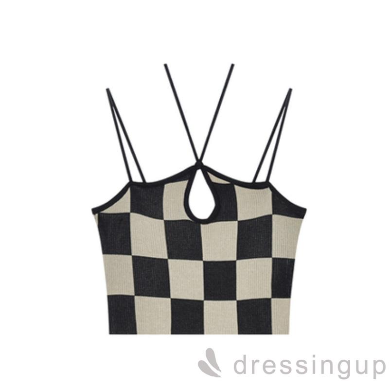 Áo Croptop Hai Dây Họa Tiết Sọc Caro Phối Dây Buộc Gợi Cảm Cho Nữ