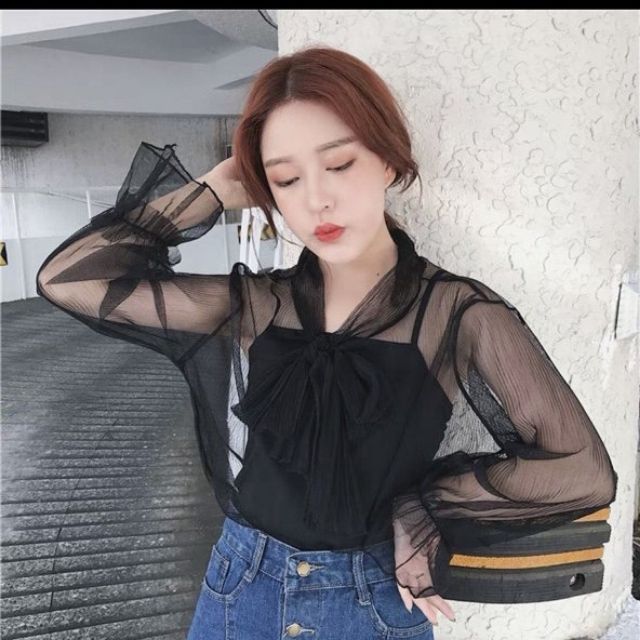 Áo sơ mi nơ lưới kèm áo lót thun