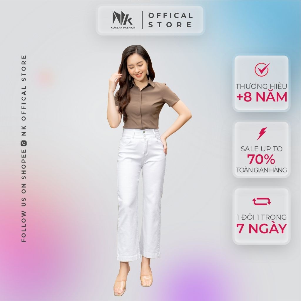 Quần Jeans Nữ Công Sở NK Fashion Ống Rộng Cạp Cao Phối Hai Khuy, Chất Liệu Nhập Hàn Cao Cấp, Co Giãn Tốt NKFQU2103007