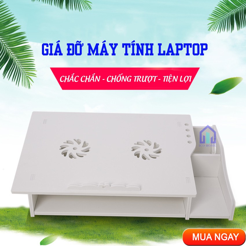 Giá để máy tính laptop bằng gỗ để bàn có khay đựng bút, đế tản nhiệt - Ico Home