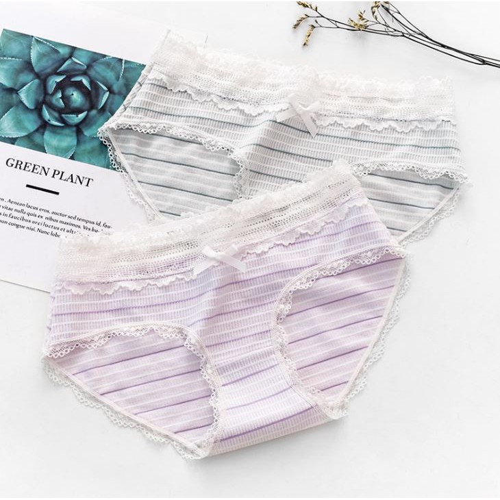 Quần Lót Cotton Mềm Sọc Ngang Phối Ren Phong Cách Nhật Bản P306