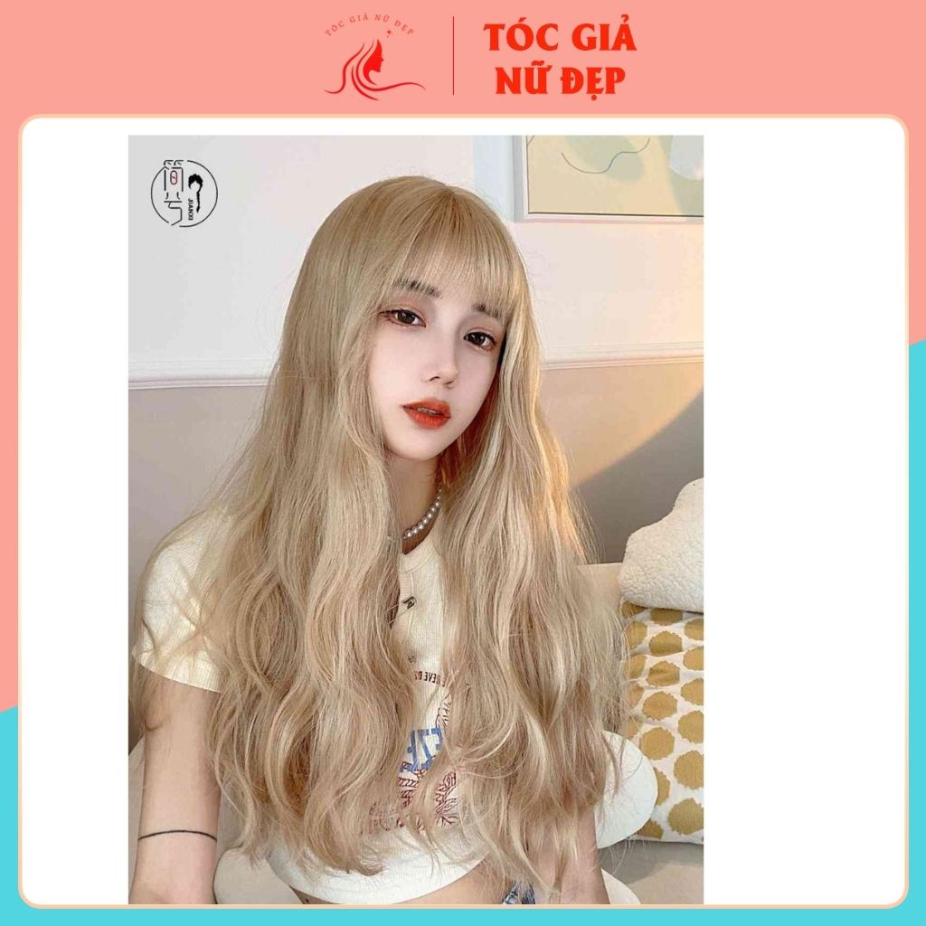 Tóc giả nguyên đầu xù dài màu vàng tây, 60cm, c8174. tặng kèm lưới trùm