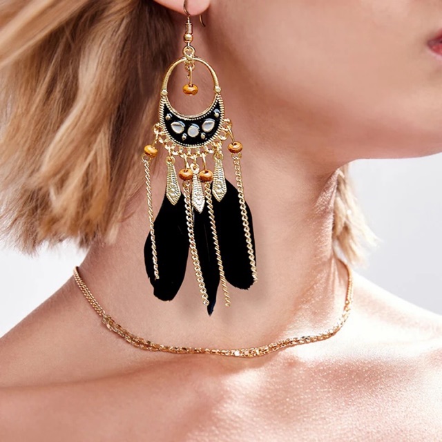 Bông tai lông vũ - Khuyên tai bohemian vintage