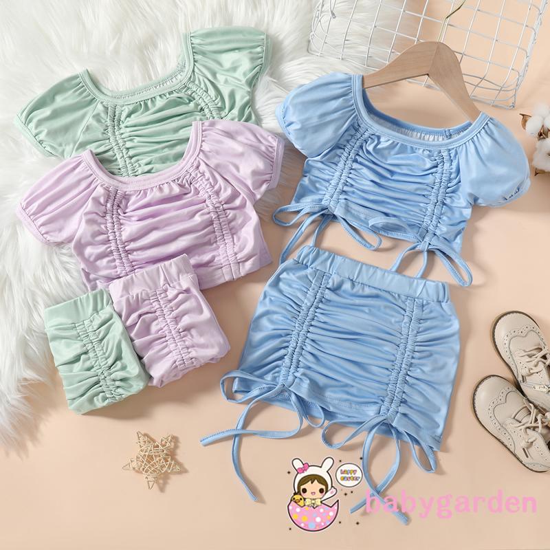 BABYGARDEN-Baby Girls 1-5Year Two-Piece Outfits, Solid Color Tie-Up Straps Pleated Clothes Suit, Short Puff Sleeve Crop Tops + Elastic Waist Skirt Set