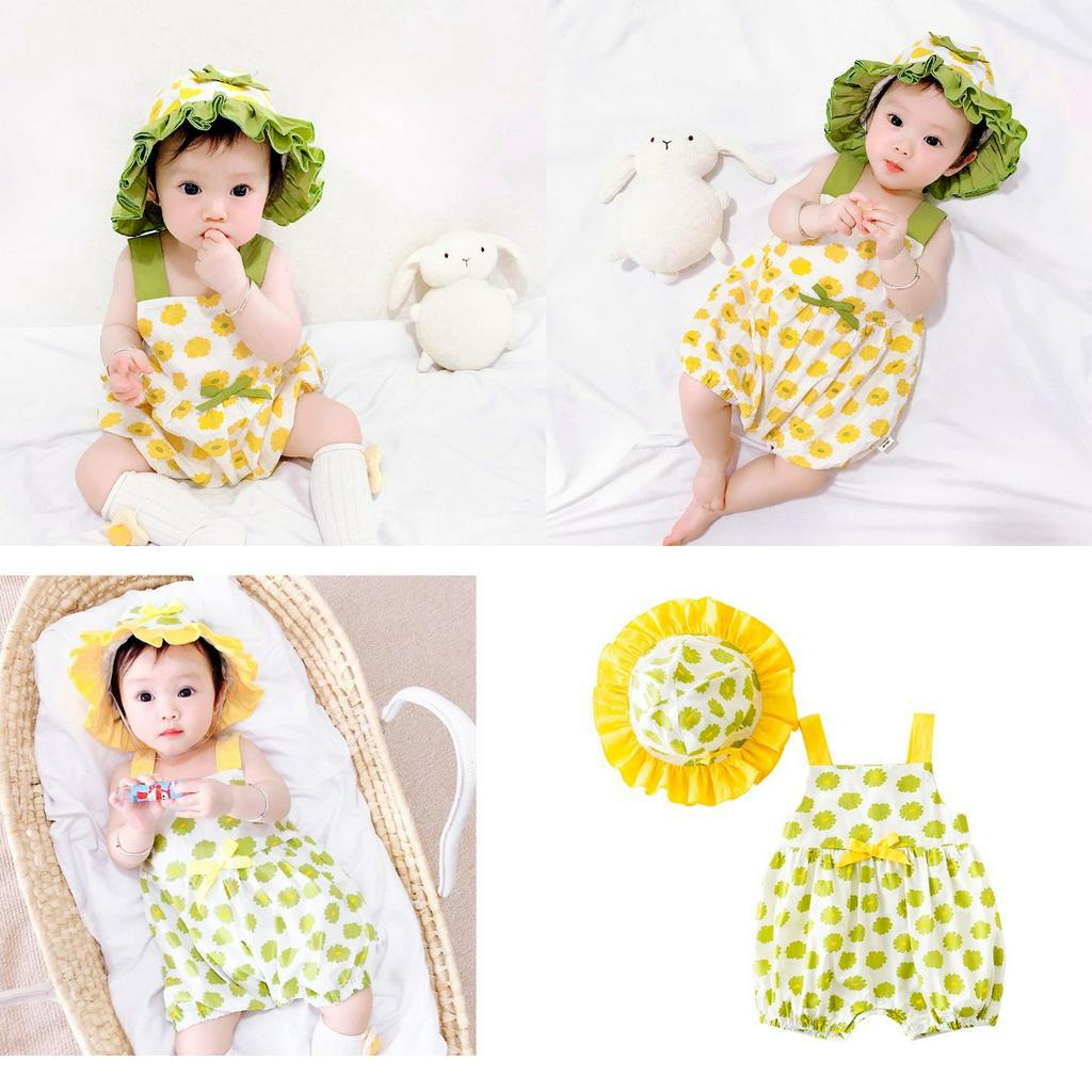 Newborn Flower Print Romper +  Hat Bundles Baby Girls Summer Sleeveless Clothes Set