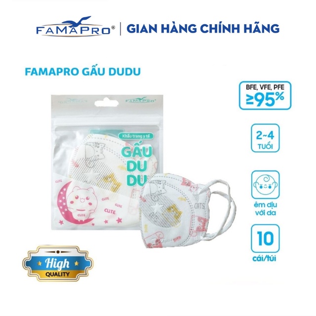 [TÚI 10 CÁI] Khẩu trang  trẻ em kháng khuẩn 3 lớp Famapro Kids Gấu DuDu [bé 10-16kg]